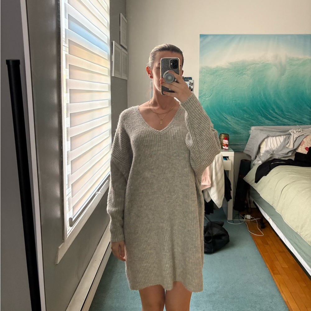Gray V-Neck Sweater Dress